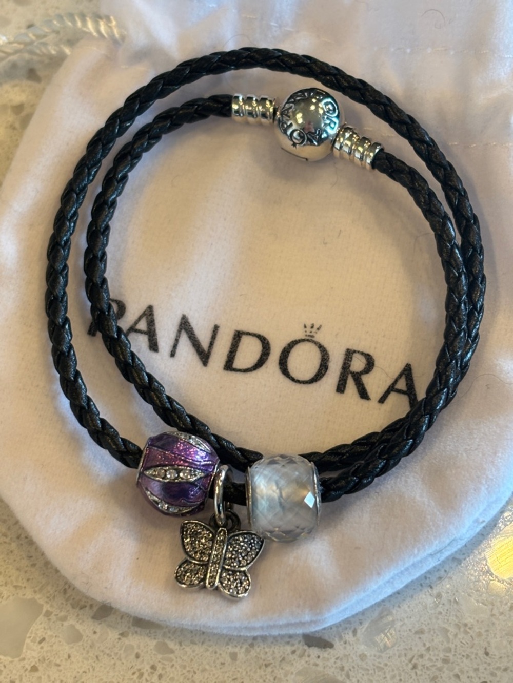 Pandora Black Sterling Silver Leather Bracelet with Charms!  🦋 NEW